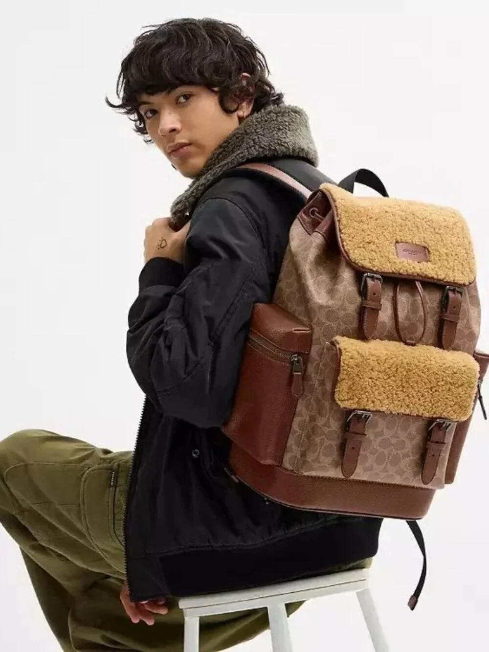 New! Coach Men's Sprint Backpack In Signature Canvas Gunmetal/Tan/Vintage Brwn